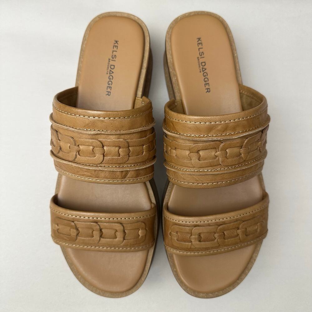 Kelsi Dagger Brooklyn Drift Leather Platform Slide Sandals Tan Woven Chain 10